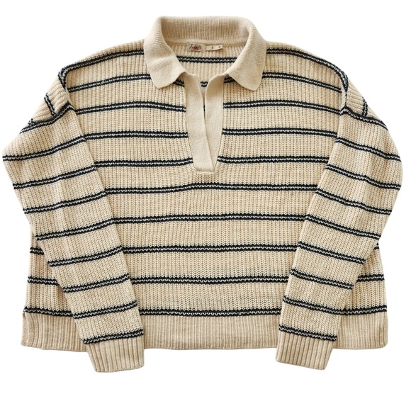 Faherty Miramar Womens Linen Cotton Striped Polo Sweater Cream Blue Small V-Neck - Picture 2 of 7